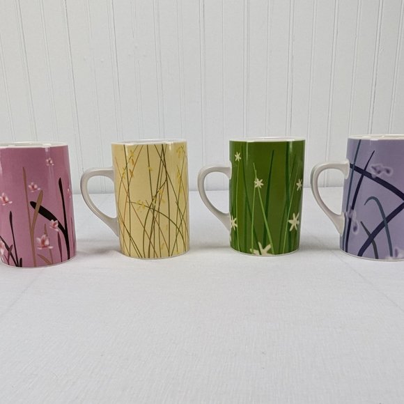 Starbucks Meadow Series Set of 4 Mugs Floral 2004 Pink Purple Yellow Green - Picture 1 of 8